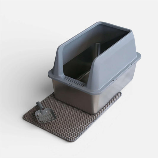 Katzenklo XXL mit hohem Rand, Edelstahl, inklusive Matte & Schaufel, ideale Lösung für große Katzen.